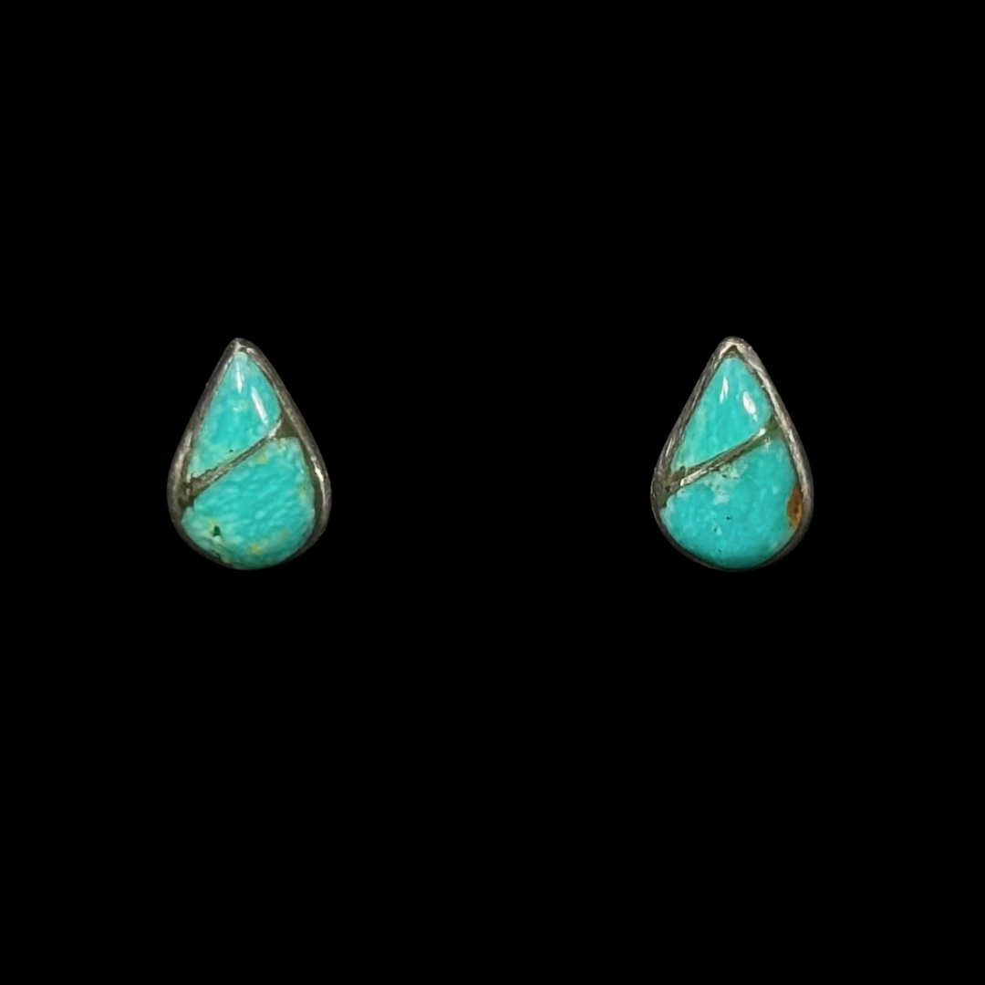 Zuni Turquoise Teardrop Inlay Stud Earrings | Sterling Silver