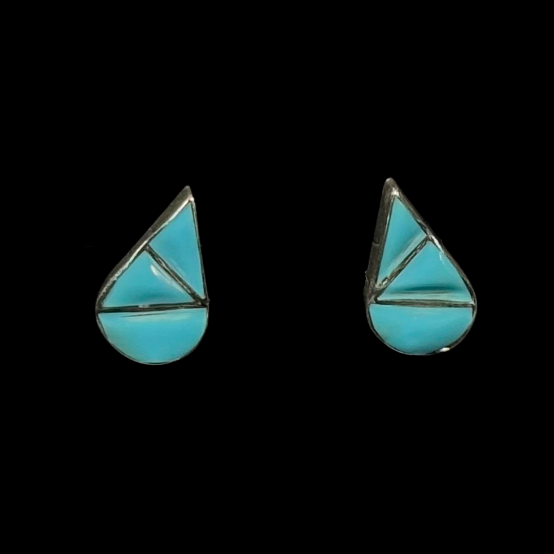 Zuni Turquoise Teardrop Inlay Stud Earrings | Sterling Silver