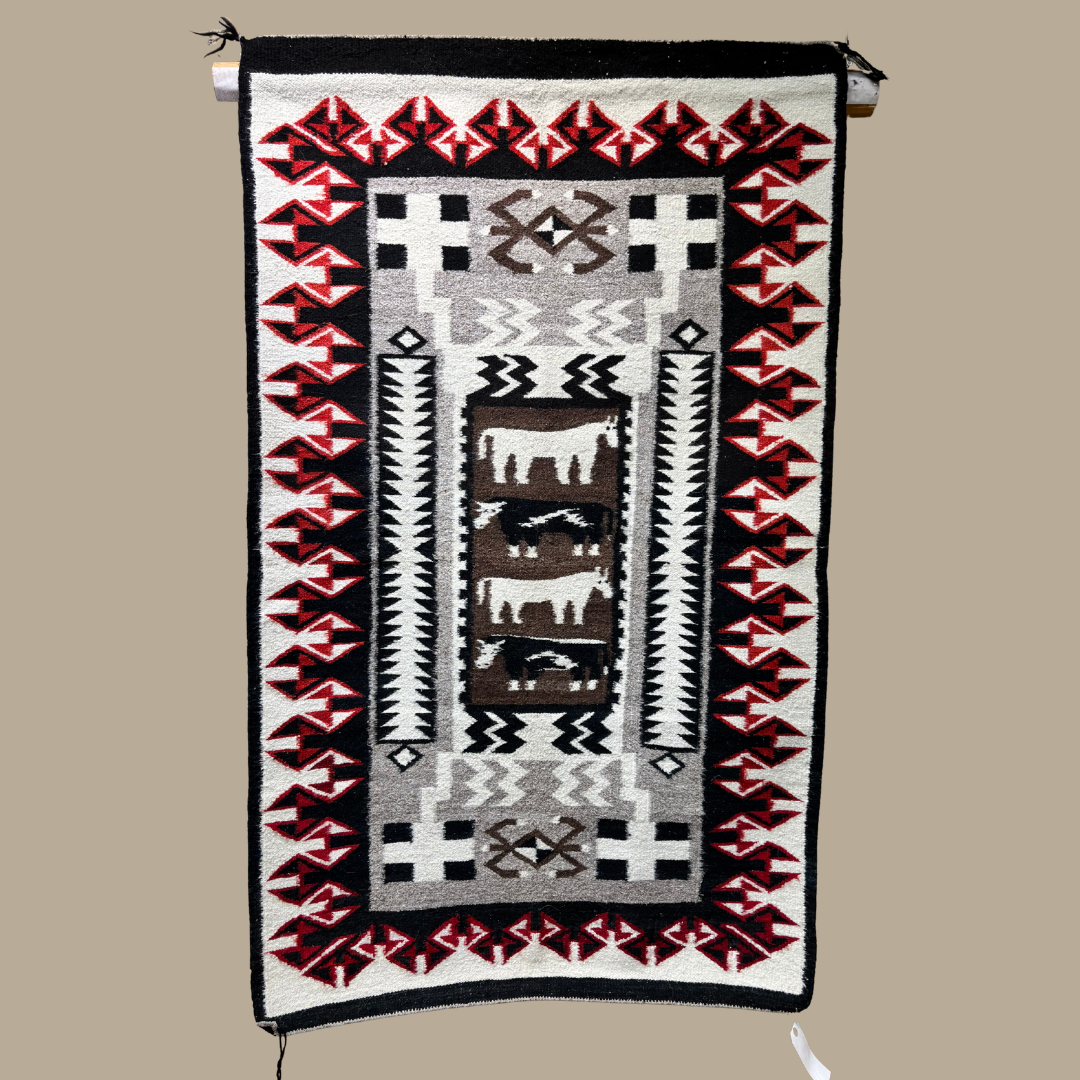 Authentic Storm Navajo Rug with Horses & Cattle by Edna Joe – Handmade 63" × 37"